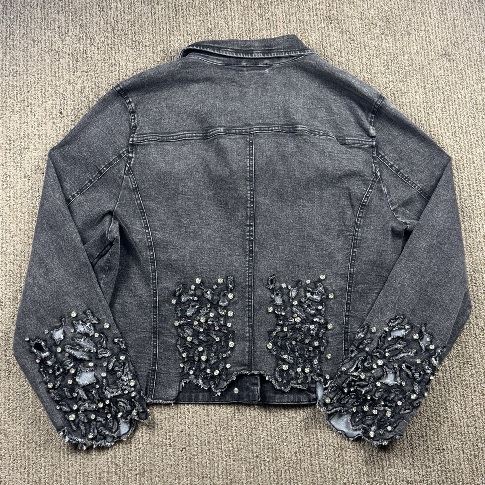 Venus Embellished Jean Jacket Womens 1X Raw Hem Black Denim Stretch Rock